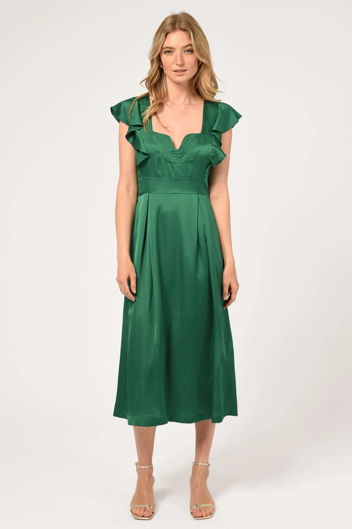 Adelyn Rae Diana Flutter Sleeve Midi Dress in Emerald Green - Image 3